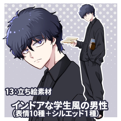立ち絵素材 インドアな学生風の男性(表情10種類+1)
