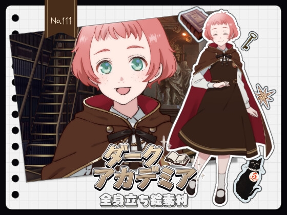 【手描き】立ち絵素材_111(赤毛ボブ女子全身ダークアカデミアver、表情10種、おまけPNG素材あり)