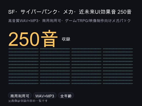 「SF・サイバーパンク・メカ・近未来UI効果音メガパック 250音|端末操作・光学兵器・サーボ油圧・宇宙共鳴・緊急警報 WAV+MP3・商用可」(ゆくて舎)