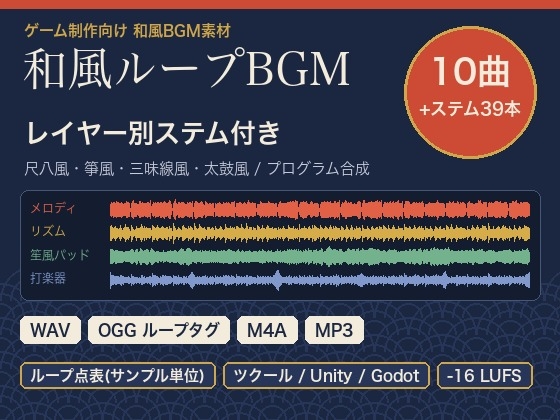 「和風ループBGM 10曲(レイヤー別ステム付き) 尺八風・琴風・三味線風・太鼓をプログラム合成|ゲーム制作用ループ点表つき」(ゆくて舎)