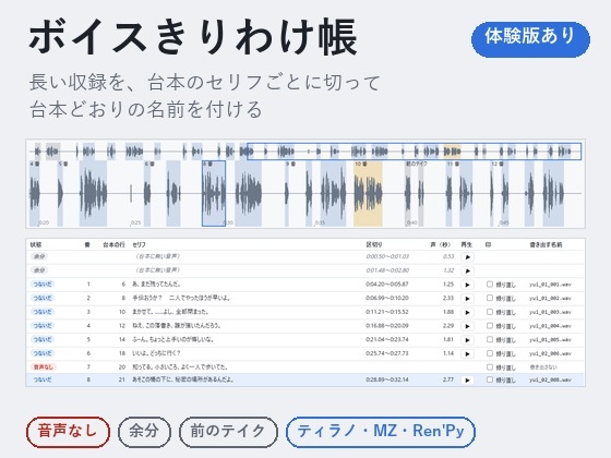 【ゲーム・ボイスドラマ】長い収録を台本どおりに切って名前付け「ボイスきりわけ帳」抜け・余分・つながりを一覧に