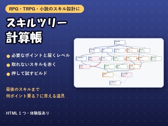 「【ゲーム・TRPG・小説】スキルを前提の線でつなぐと、必要なポイントと届くレベルが出る「スキルツリー計算帳」」(夜なべ工房)
