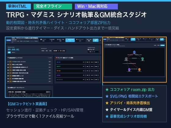 TRPG・マダミス シナリオ執筆&GM進行管理統合スタジオ(単体HTML)|相関図・時系列・設定資料・ココフォリア部屋ZIP出力|Win・Mac両対応