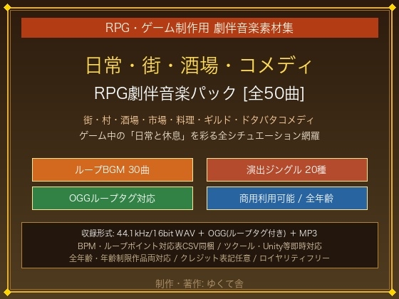 「日常・街・酒場・コメディRPG劇伴音楽パック [ループBGM30曲+演出ME20種/商用可/OGGループタグ対応]」(ゆくて舎)